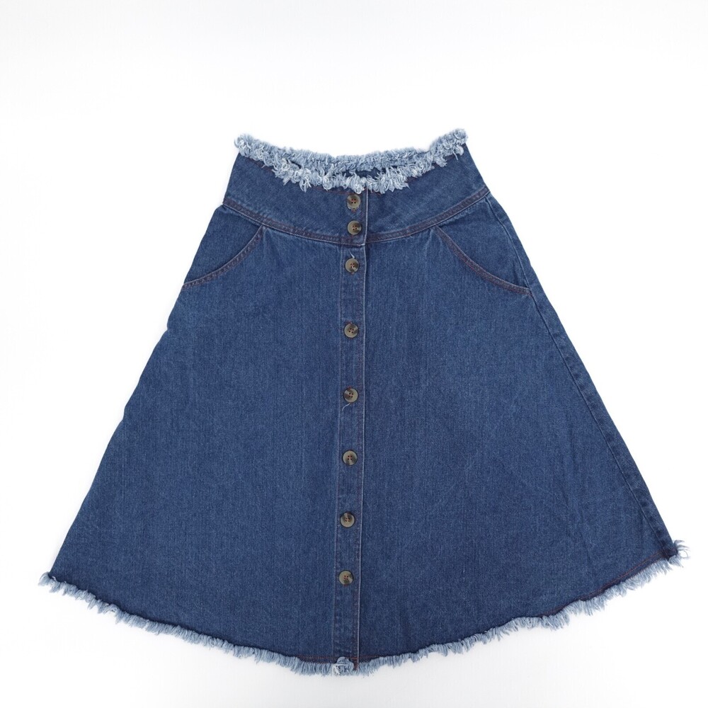 MoVint Skirt Womens Extra Small Blue A-line Buttons Midi Raw Hem & Waist